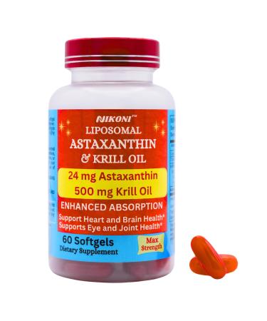 Nikoni Liposomal Astaxanthin 24mg with Kril Oil 500mg Supplement, 60 softgels 60 Softgelss