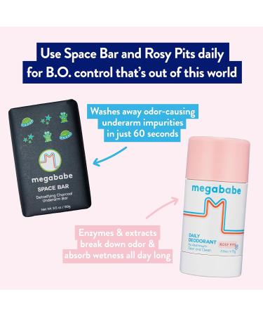 Megababe Underarm 2-Piece Bundle - Rosy Pits Daily Deodorant 2.6 oz & Space Bar Detox Soap 3.5 oz | Odor Protection Aluminum Free - Buy Online on GoSupps.com