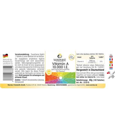 Vegan Vitamin A 10000 I.U. Supplement - 100 Tablets by Warnke Vitalstoffe - Buy Online on GoSupps.com
