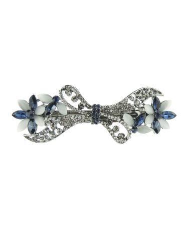 Womens Girls Diamante Crystal Wedding Birthday Party Evening Fine Hair Accessories Occasion Barrette Hairpin Grip French Spring Clip Vintage Look 9cm Silver Tone Metal Opaque Grey Bow Flower (Blue)