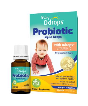 Ddrops Baby Probiotic with Vitamin D 60 Drops - Colic Symptom Relief for Newborns and Infants - Easy-to-Use Just One Drop Daily No Sugar Non-GMO Allergy-friendy