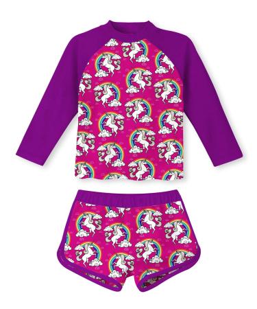 TUONROAD Girls Swimming Costume Toddler Baby Kids Two Piece Long Sleeve Swimsuit UPF 50+ Protection Bathing Suit Swim Set for 4-10 Years 3-4 Years Purple Unicorn
