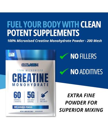 Creatine Monohydrate Powder - 300g (60 x 5g Servings) | 200 Mesh Fine Grade Powder Pure & Mixes Easily | Includes Scoop | Unflavoured | Made in The UK by CLN Labs - Buy Online on GoSupps.com