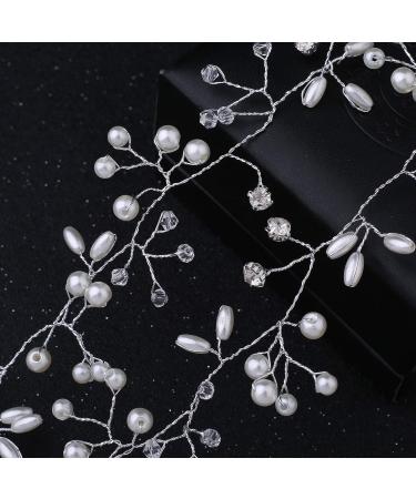 Fanvoes Silver Pearl Wedding Hair Vine Headband with Rhinestone Crystal Ivory Bead - 40'' Inch - Bridal Hair Accessories - Buy Online on GoSupps.com