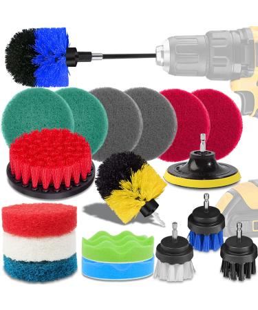 20 Pcs Drill Brush Attachment FONSWEA Drill Brush Set with Power Scrubber Brush Scrub Pads and Sponge Kit with Extend Attachment for Tiles Corners Kitchen Car Cleaning Carpet Bathroom Shower 20 pieces