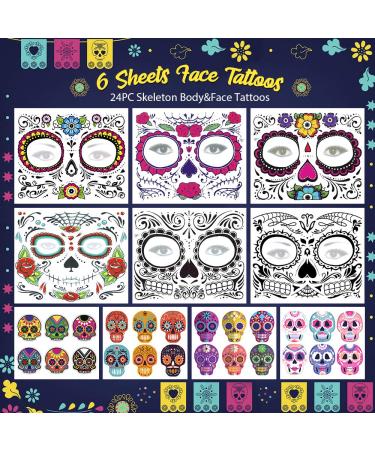 Day of the Dead Face Tattoo Kit with Skeleton Sugar Skull Makeup and Red Roses - Halloween Makeup Set for Dia de los Muertos - Temporary Glitter Skeleton Tattoos - Buy Online on GoSupps.com
