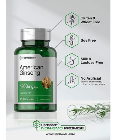 Horbaach American Ginseng Capsules 1800mg | 200 Count Non-GMO Gluten Free Supplement - Buy Online on GoSupps.com