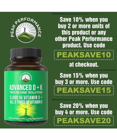 Peak Performance Advanced Vitamin D 5000 IU with Vitamin K 60 Veggie Pills - D3, K1, K2 (MK-4 & MK-7) Supplement - Buy Online on GoSupps.com