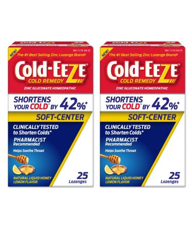 Cold-Eeze Soft-Center Lozenges Natural Liquid Honey Lemon Flavor Reduces Duration of The Common Cold Relieves Sore Throat Cough Nasal Congestion & Post Nasal Drip 25 Count Pack of 2