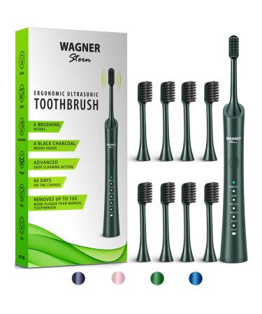 Wagner & Stern ultrasonic whitening Electric Toothbrush with 8 Charcoal Black Brush Heads. for Fresh Breath & Healthy Smile. (Green)
