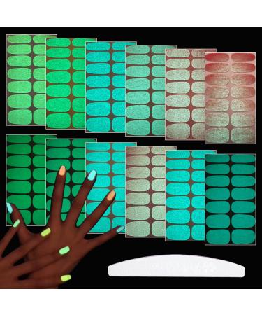 WOKOTO 12 Sheets Luminous Solid Nail Polish Strips with Nail File Self-Adhesive Glow in Dark Gel Nail Strips Stick On Nail Stickers Full Nail Wraps for Women Nail Art Polish Stickers for Nails KIT1 Luminous solid