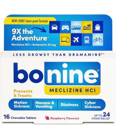 Non-Drowsy Bonine for Motion Sickness Relief, Sea Sickness, Car Sickness, Nausea and Vomiting, with Meclizine Hcl 25mg, Raspberry, Travel-Sized 16ct (Packaging May Vary)