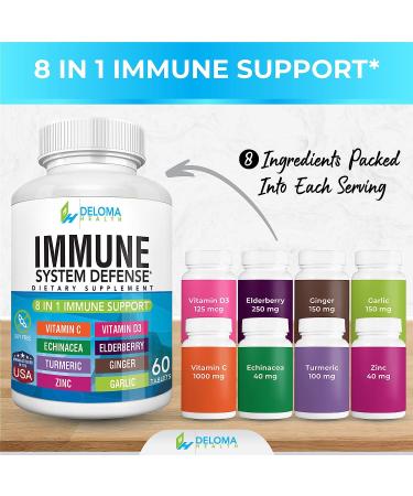 8-in-1 Immune System Support: Vitamin C, D3, Zinc, Elderberry, Echinacea, Turmeric, Ginger, Garlic - 1000mg, 5000iu, 40mg, 250mg, 40mg, 100mg, 150mg, 150mg - Buy Online on GoSupps.com
