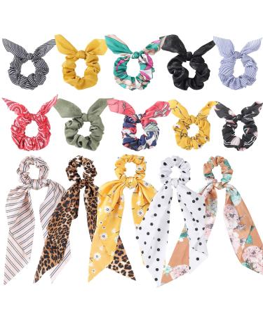 15 Pcs Hair Scarf Scrunchie, Bow Scrunchies for Hair, Hair Scrunchies with Bow, Chiffon Floral Scrunchie Hair Bands Satin Scarf Ponytail Holder for Women(Color A)