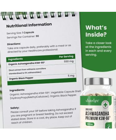 Organic Ashwagandha KSM-66 Capsules 550mg - 90 Vegan Capsules | High Concentration 10:1 Extract | 5% Withanolides | VitaBright UK - Buy Online on GoSupps.com