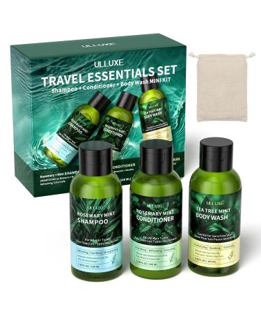 ulluxe Travel Bath and Hair Care Set Rosemary Shampoo Conditioner and Tea Tree Body Wash for Dandruff and Itchy Skin 338 oz Travel Size Pack of 3