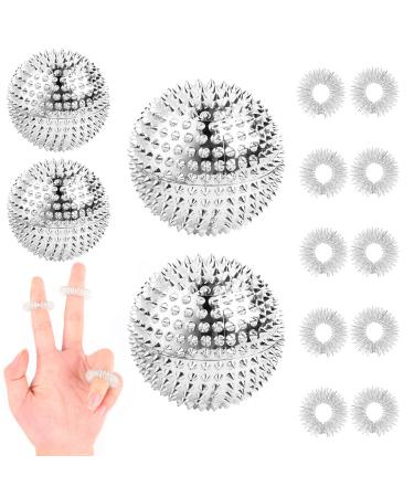 10 pieces of massage rings and 4 pieces of massage ball acupressure balls acupressure rings massage ring for finger massage rings set massage ball stress relief massage - silver