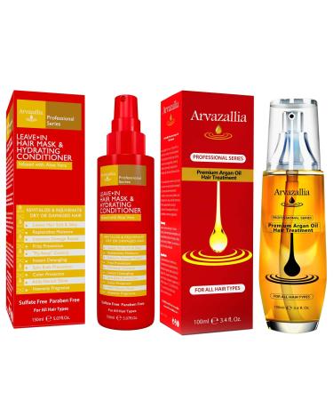 Arvazallia Premium Argan Oil Hair Treatment and Leave-in Mask & Hydrating Conditioner Spray Bundle - Professional Grade Hydration and Damage Repair for Dry or Damaged Hair