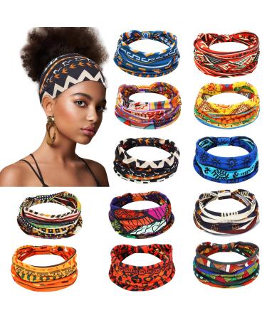 12 Pcs African Headband Knotted Wide Yoga Stretchy Bandeau Thick Headbands for Women Boho Elastic African Head Wraps African Gifts for Women Hair Accessories for Girls Lady Workout Running Sports