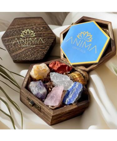 Premium Healing Crystals Gift Box - 7 Chakras Crystals Set in Elegant Wooden Box Natural Raw Crystals for Healing - Chakra Crystals Set