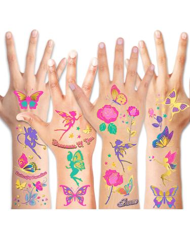 HOWAF Glitter Tattoos for Girls  Waterproof Rose/Fairy/Butterfly Temporary Tattoos Kits for Kids  Colourful Fake Temporary Butterfly Tattoo Stickers for Girls Birthday Party Supplies Favors