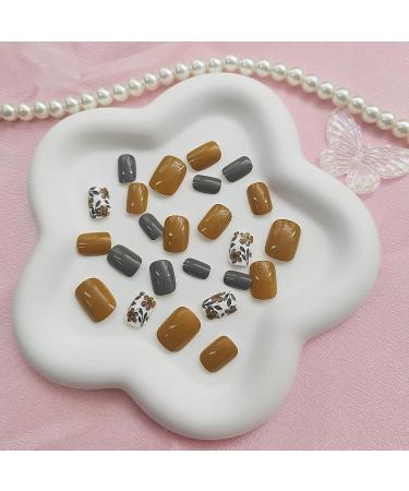 Square Press on Nails - Floral Designs Yellow & Grey Glossy Artificial Nails Fall Collection | 24 Pcs - Perfect for Women - Shop Internationally - Buy Online on GoSupps.com