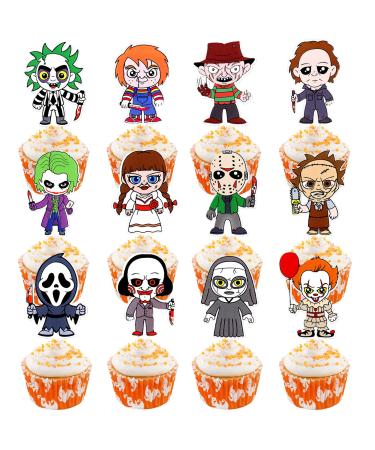Ercadio 36 Pack Horror Classic Movie Cupcake Toppers Horror Movie Characters Cupcake Cupcake Picks for Halloween Horror Movie Theme Birthday Baby Shower Cake Decorations Supplies Pattern-2