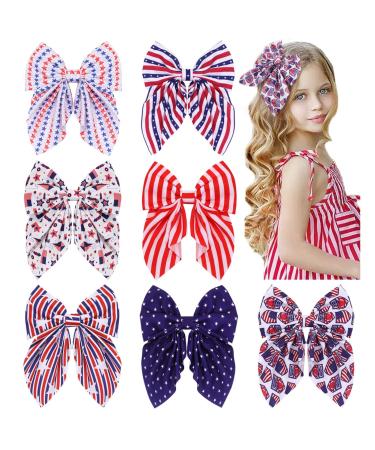 4th of July Hair Bows for Girls  Large Patriotic Fable Bow Handmade American Flag Hair Clips Independence Day Hair Accessories for Little Girls Toddlers Kids (Patriotic Bows Satin)