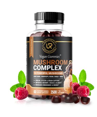 Mushroom Gummies | 10 Mushroom Supplement | 2500mg | Turkey Tail  Chaga  Reishi  Cordyceps & Lions Mane Organic Mushroom Extracts  Nootropic Brain Booster For Focus  Memory  Clarity  Energy | 60ct 60 Count (Pack of 1)