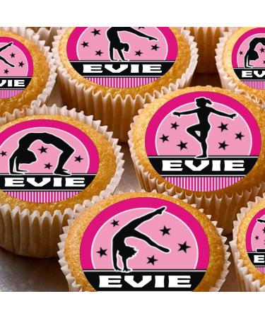 24 personalised edible Gym gymnastics Gymnast Girls pink kids childrens party decorations Iced Icing CupCake Toppers
