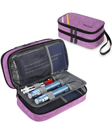 Diabetic Travel Case,Double Layer Insulin Cooler Travel Case for Women with 2 Ice Packs, Diabetic Supplies Pen Case with Medication Storage Pockets for Insulin Pens, Blood Glucose Meter, Purple