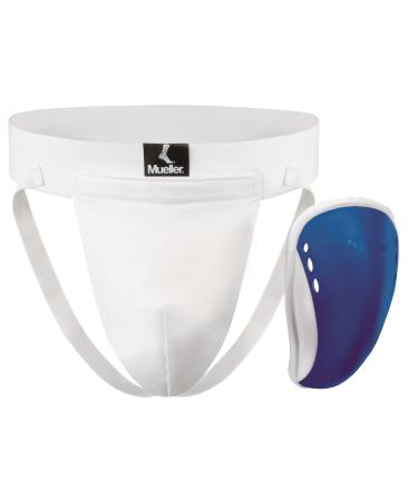 MUELLER Sports Medicine Athletic Supporter with Flex Shield Cup, White/Blue, Youth Large Regular Athletic Supporter