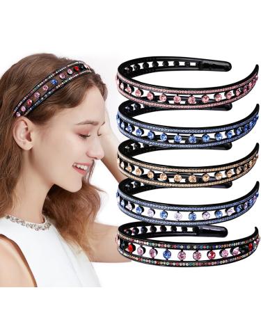 INLAZYTIM 5 Pack Rhinestone Headbands with Teeth Comb for Women Girls Fashion Crystal Hairband Sparkly Double Row Non-Slip Teeth Hair Hoop Plastic Hair Accessories