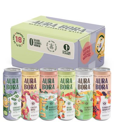 Variety Pack Herbal Sparkling Water by Aura Bora, 12 oz Can (Pack of 18), 0 Calories, 0 Sugar, 0 Sodium, Non-GMO
