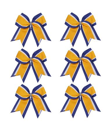 8 Inch 3 Colors 3 Layers 6 Pcs Cheerleader Bows Jumbo Cheerleading Bows Hair Elastic Hair Tie for High School College (Royal blue/White/Yellow gold)