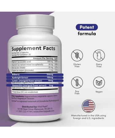 Vital Peak Provision - Eye Vitamins - Eye Health Supplements - with Bilberry Eyebright Lutein Zeaxanthin & More Vitamins - Vegan Non GMO Dairy Free Soy Free Gluten Free - 60 Capsules - Buy Online on GoSupps.com