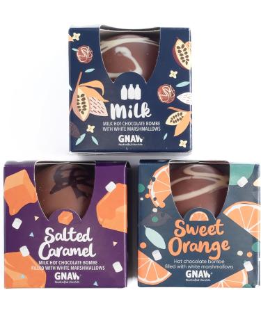 GNAW Marvellours Mixed Luxury Hot Chocolate Bomb Gift Set - 3 Delicious Flavours: Salted Caramel Milk Chocolate and Orange - Chocolate Bombs Filled With Mini Marshmallows - Buy Online on GoSupps.com