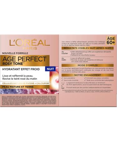 L'Oreal Paris Night Cold Effect Moisturizer Cream Age Perfect Rosy Tone with Imperial Peony Extract + Calcium B5 For Mature Skin Skincare 50 ml Night Cream 50ml - Buy Online on GoSupps.com