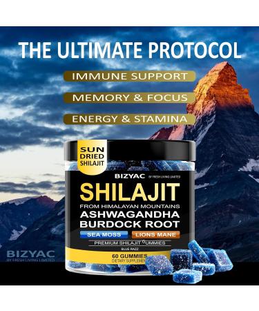 BIZYAC Organic Shilajit Gummies for Men and Women with Sea Moss & Ashwagandha 100% Himalayan Extract with 105+ Trace Minerals Burdock Root & Lion s Mane Vegan Sugar-Free 60 Gummies - Buy Online on GoSupps.com