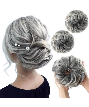 SARLA 2PCS Messy Hair Bun Hair Piece Small Scrunchies Synthetic Bun Hairpieces for Women Girls Updo Hair Extensions (Salt and Pepper) Salt and Pepper-2PCS