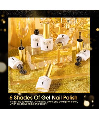 ROSALIND 6PCS White Black Gel Nail Polish Set with Silver Gold Glitter - Soak Off All Seasons Manicure Collection for Salon and Home DIY Nail Art - Buy Online on GoSupps.com