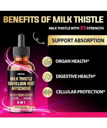 8in1 Milk Thistle Liquid Drops with Dandelion Root Extract, Artichoke Tincture, Turmeric Curcumin, Schisandra Berry, Chanca Piedra, Peppermint and Beet Root - 60 Days Supply - 2 Fl Oz - Buy Online on GoSupps.com