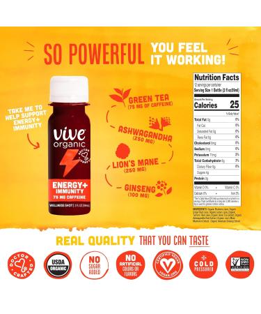 Vive Organic Energy Shot + Immune Support with Ashwagandha, Green Tea, Caffeine | 2 Fl Oz (Pack of 12) - Gluten Free, Vegan | Energy & Focus Boost - Buy Online on GoSupps.com