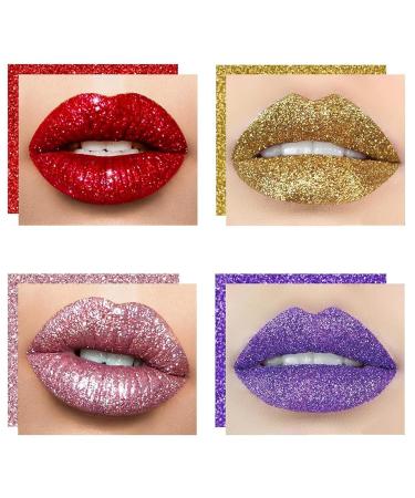 Sheglittary Glitter Lip Kit | 4 Color Diamond Lip Gloss Set with Primer & Brush for Women - Shop Internationally - Buy Online on GoSupps.com