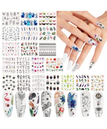 69 Sheets Water Transfer Nail Art Stickers  DIY Nail Art Decals Nail Tattoos for Gel Nails Art Design  Flowers Butterfly Leaves Feathers Mixed Patterns for Women Girls Nail Decorations Style 2