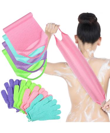 Breling Exfoliating Back Scrubber with Handles Set of 8 Shower Bath Gloves 4 Pairs Scrub for Women Men Children Skin  Stretchable Pull Strap Washcloth  Pink  Purple  Blue  Green  M