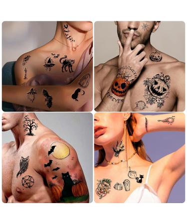 Yazhiji 40 Sheets Halloween Temporary Tattoos - Pumpkin Witch Sugar Skull Family Set for Men, Women, Boys, Girls - Waterproof and Realistic Zombie Makeup Kit for Parties - Buy Online on GoSupps.com