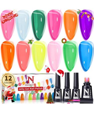 Noirwhite Jelly Gel Nail Polish 12 Pcs Glossy Trendy Colors Transparent Nail Polish Set Including Nude Pink Purple Green Blue Yellow Colors Jelly Nail Polish Kit UV LED Soak Off Gel Polish Home DIY Nail Art Salon Manicure Multifunctional Gel Polish Best G