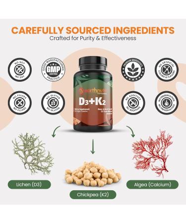 EarthNutri - Vitamin D3 Plus K2 Vitamin Supplement 5000 IU Includes K2 from MENA Q7 D3 from Vitashine Calcium from Aquamin & 72 Trace Minerals for Immune Bone & Heart Health - Non-GMO - Buy Online on GoSupps.com
