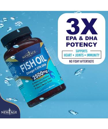 New Age Omega 3 Fish Oil 2500mg Supplement - 2 Pack, Immune & Heart Support, Joint, Eye, Brain & Skin Health - Non GMO, EPA DHA Fatty Acids, 180 Softgels, Gluten Free - Buy Online on GoSupps.com